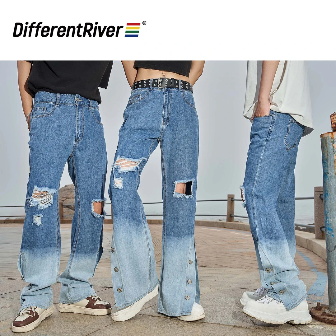 DifferentRiver夏季【乐园】设计款-渐变破洞微喇直筒解扣牛仔裤