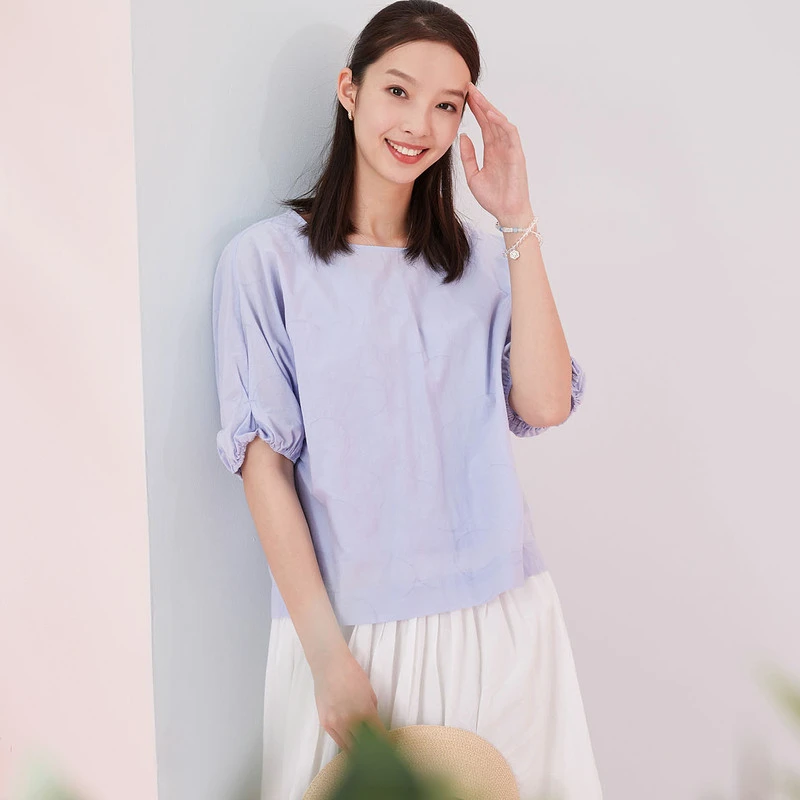 布景衬衫女夏季新品简约圆领直筒五分松紧袖时尚上衣BW92CB0827
