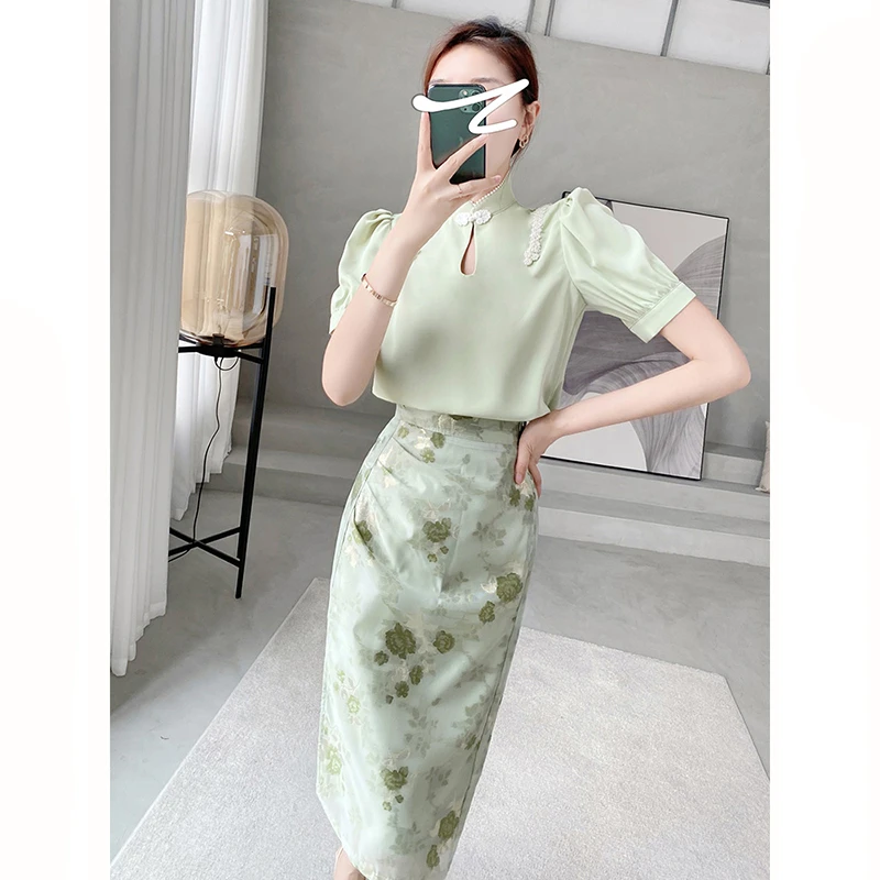 新中式夏季高级感气质减龄显瘦洋气绿色半身裙时尚套装两件套女