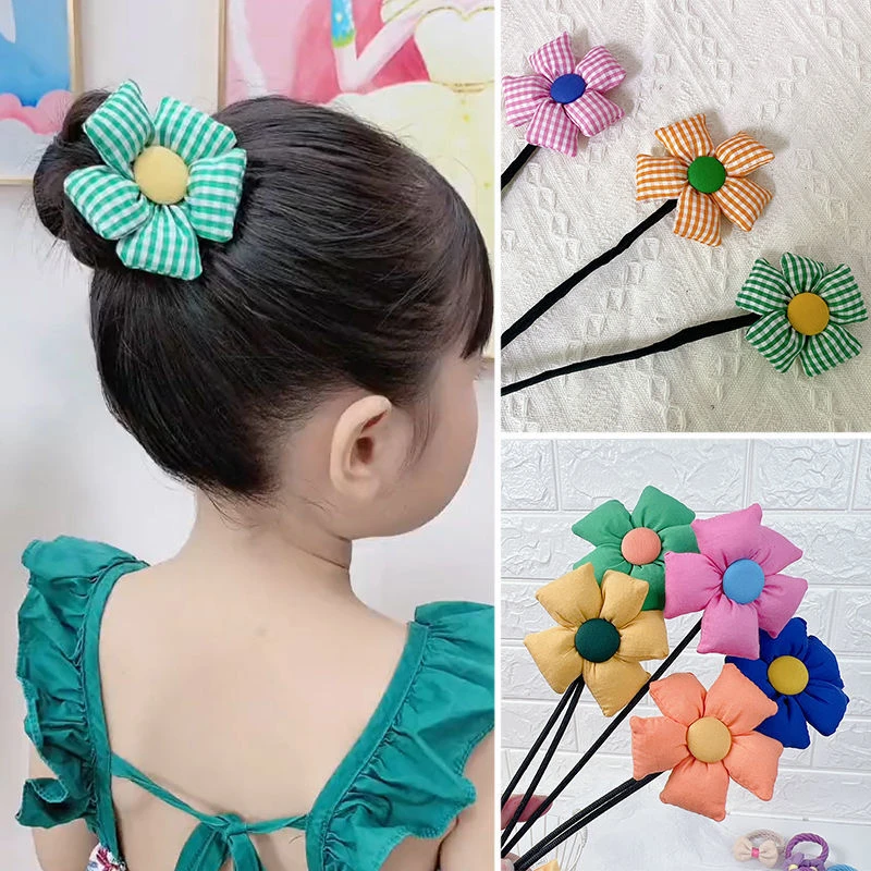 【梦蜜】儿童格子布艺精致花朵丸子头盘发杆发饰女童收碎发扭扭杆