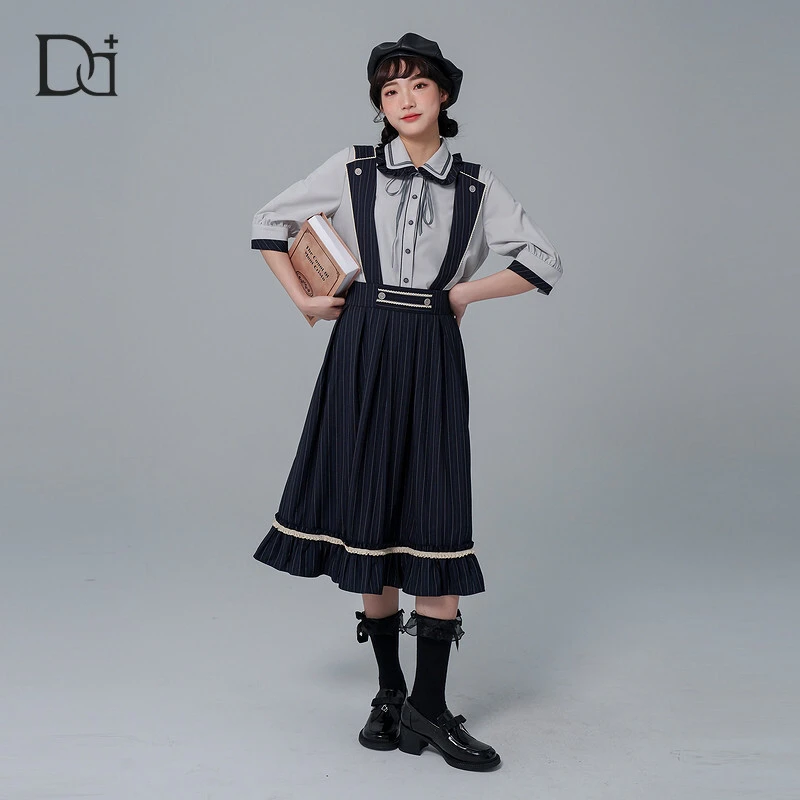 DD+蓝色条纹背带裙藏青色裙子可拆卸背带半身裙女生DD213M60128