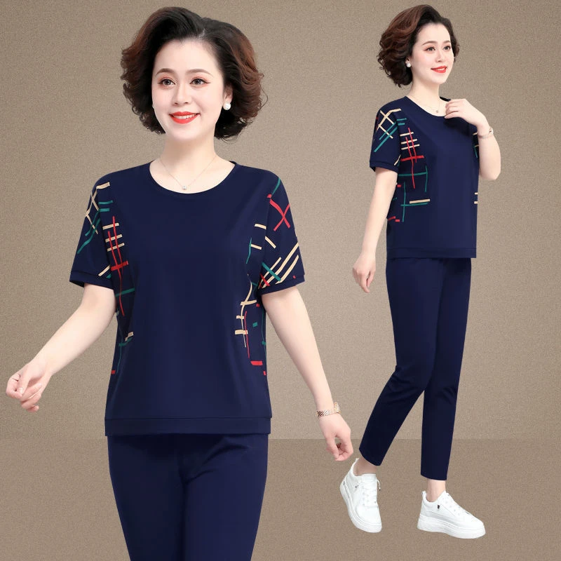 妈妈夏装运动套装休闲大码运动服女装短袖t恤时尚洋气上衣两件套