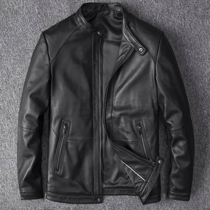 2023新款真皮皮衣男士短款绵羊皮立领机车皮夹克修身外套