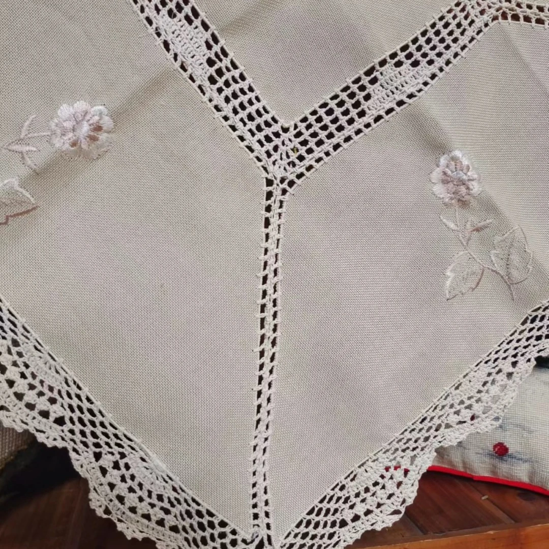 手勾相拼棉麻桌布 绣花台布