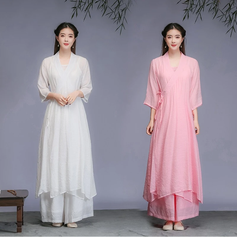 夏文艺复古中式改良唐装汉服中国风茶服女连衣裙3件套禅舞服套装