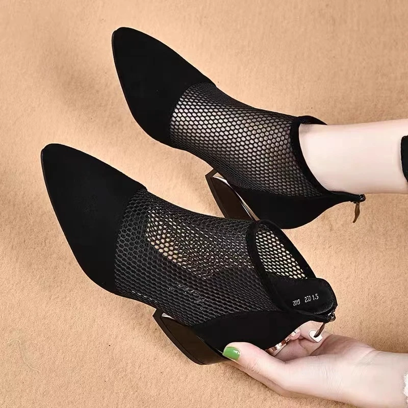 爆款真皮粗跟网靴女鞋新款磨砂春秋夏百搭凉鞋网面透气网鞋小短靴