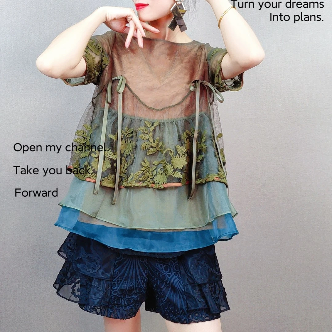 网纱拼接重工刺绣时尚上衣宽松遮肚显瘦小个最爱小衫春夏大码1960