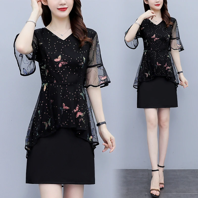 小个子遮肚洋气装夏季新款韩版蕾丝短袖荷叶边珠片刺绣 V领连衣裙