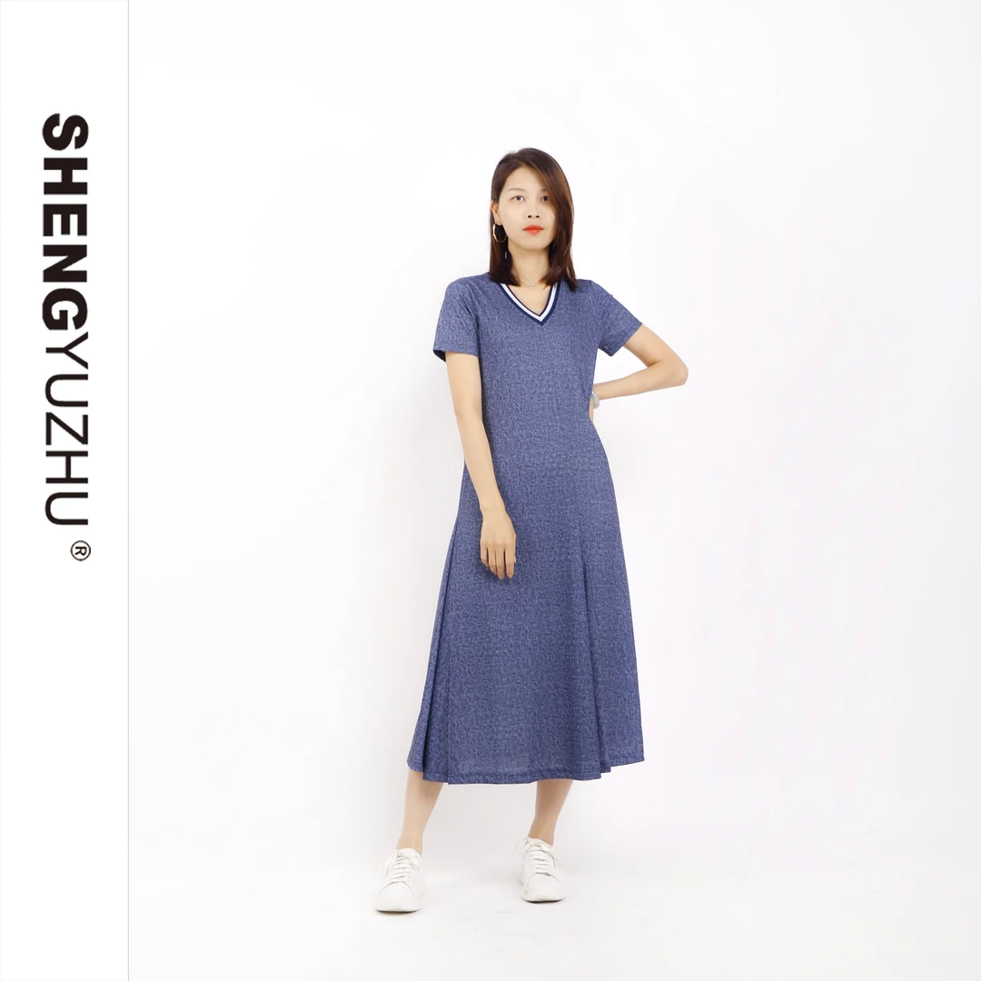 Shengyuzhu/声雨竹个性系列蓝白乱纹轻薄V领A字长裙