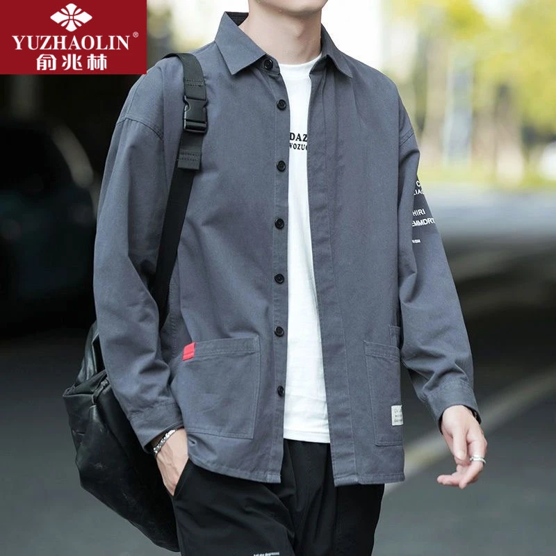 秋季纯棉男士休闲长袖衬衫日系复古全棉工装潮流宽松外套韩版衫衣