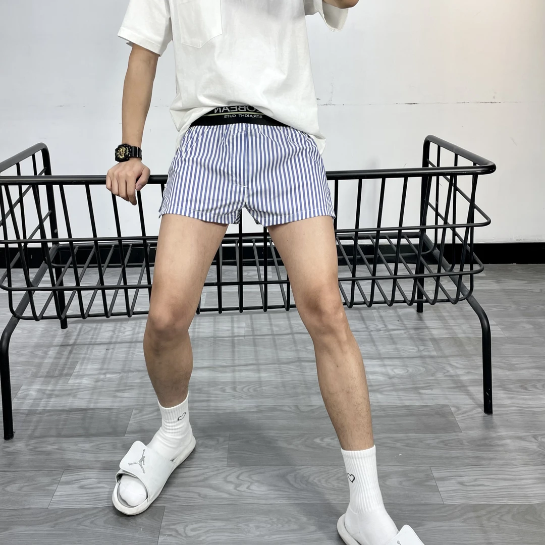 青叔 80503男士竖条纹休闲短裤居家短裤宽松格子薄款阿罗裤