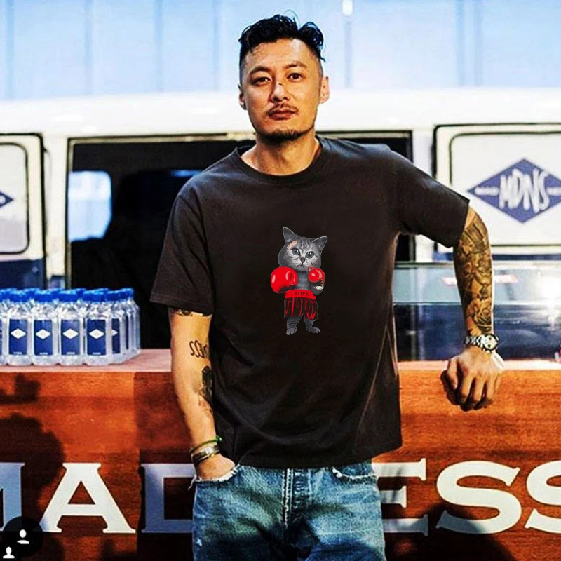 夏季爆款欧美潮牌短袖T恤男拳击猫印花纯棉宽松圆领ins气质上衣