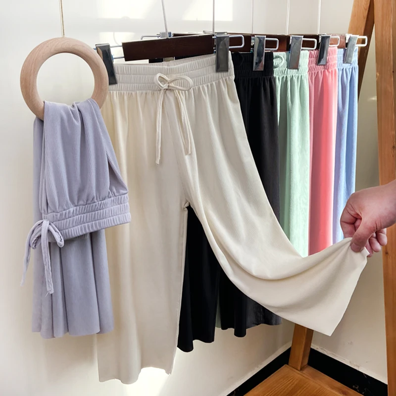 儿童防蚊裤夏季薄款家居长裤宽松冰丝螺纹阔腿裤垂感直筒裤子