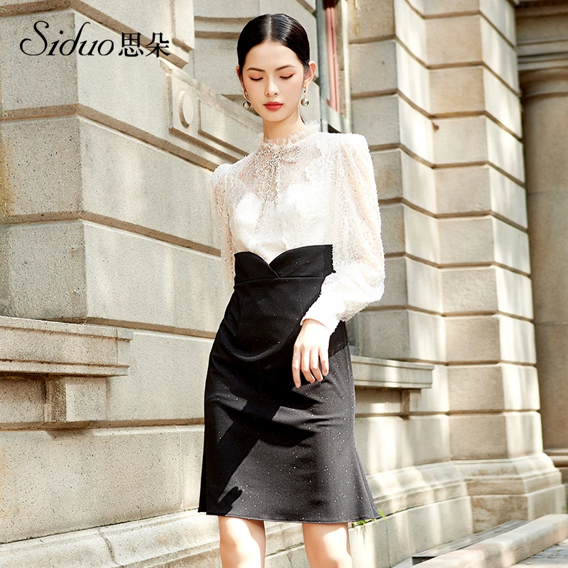 S22103礼服女秋冬撞色经典轻奢小众设计晚宴时尚气质缎面连衣裙