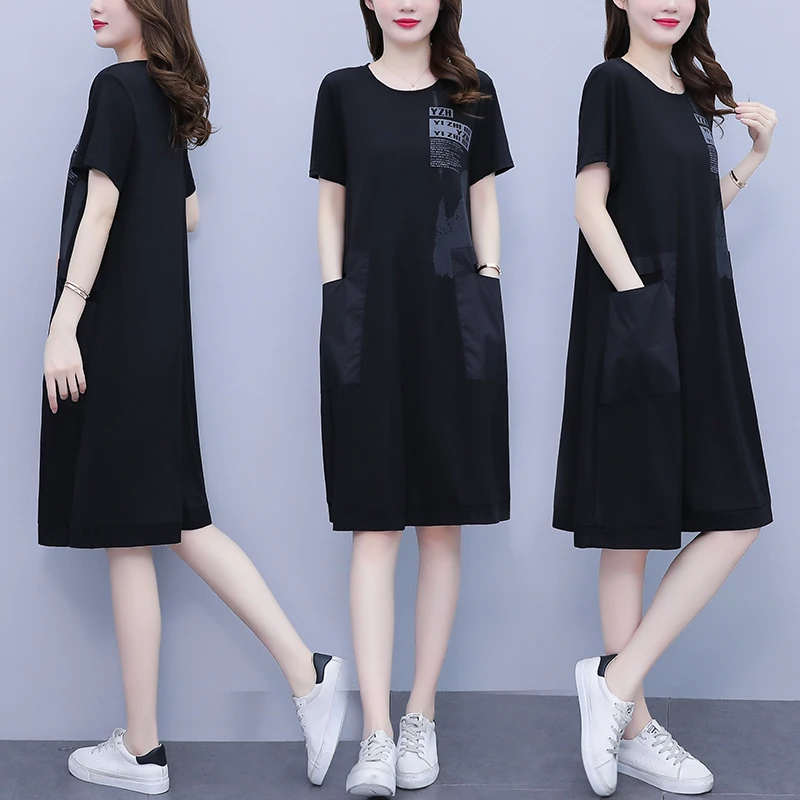 L-5XL 2024年夏装新款大码女装时尚宽松拼接中长款短袖宽松连衣裙