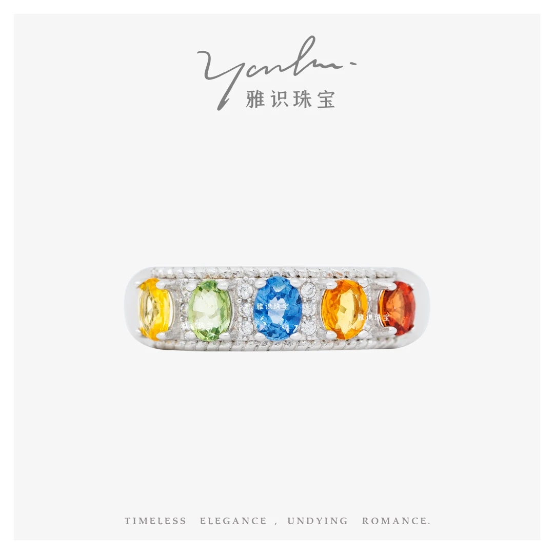 S925银天然彩色蓝宝石5颗排戒   10007