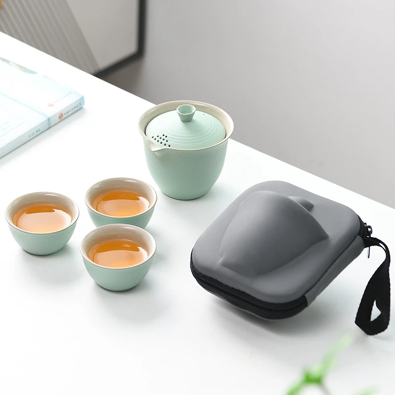 初伍旅行茶具套装快客杯户外陶瓷一壶三杯便携式随身泡茶壶茶杯