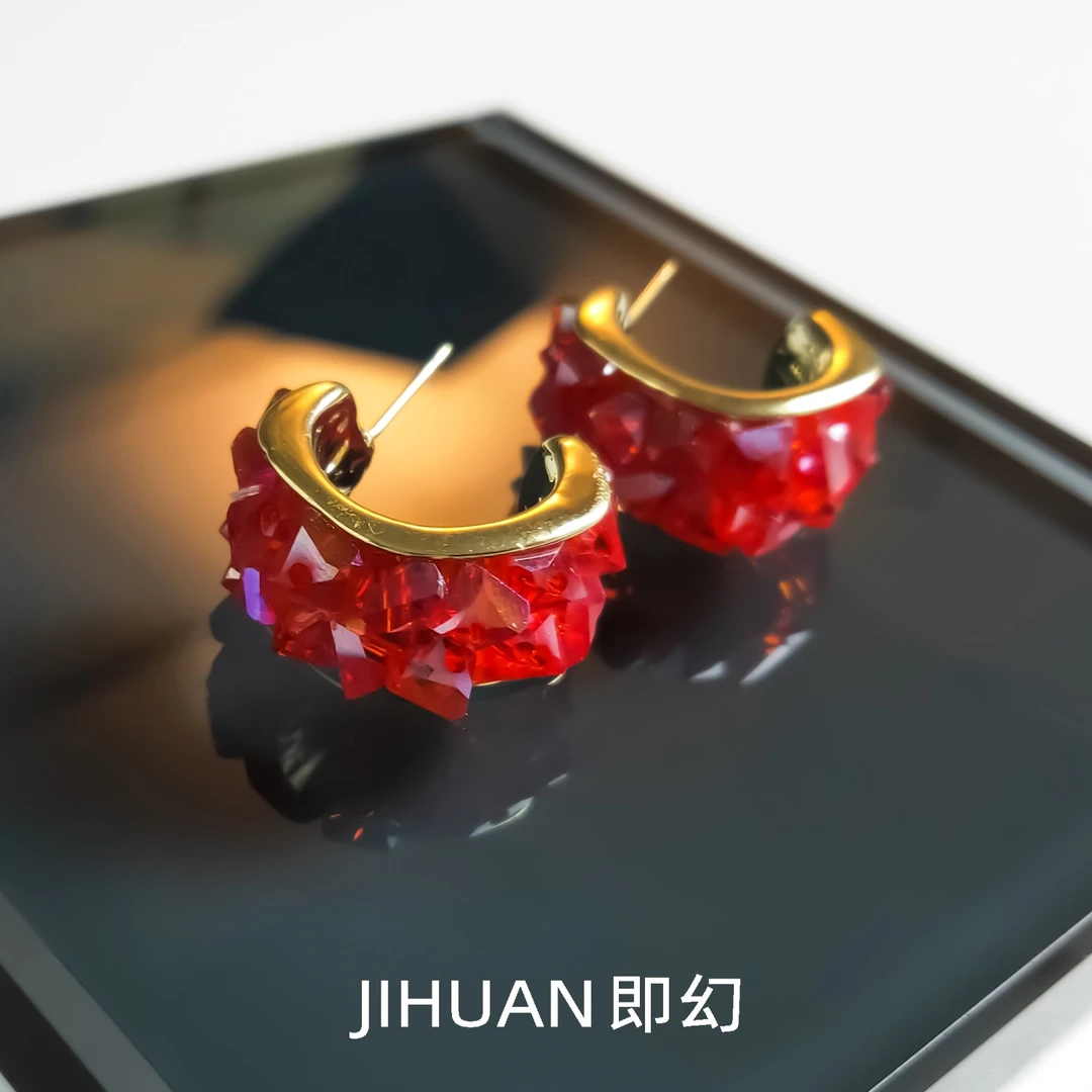 即幻 铜合金仿水晶耳饰 ♦红枫  欧美风红色系C圈耳钉  SH-5826