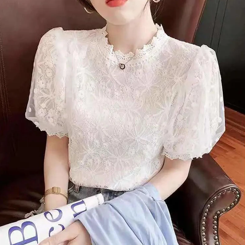 AODIZI/傲迪姿蕾丝上衣女洋气新款宽松女装雪纺衫短袖网纱打底衫
