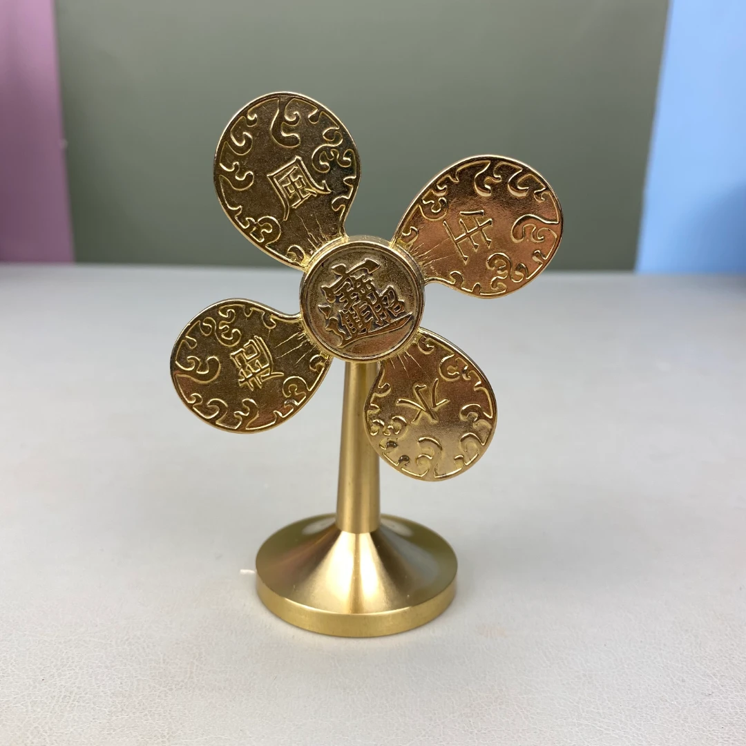 纯黄铜风生水起高转速风扇转转创意茶桌办公桌手把件摆件金色桌面
