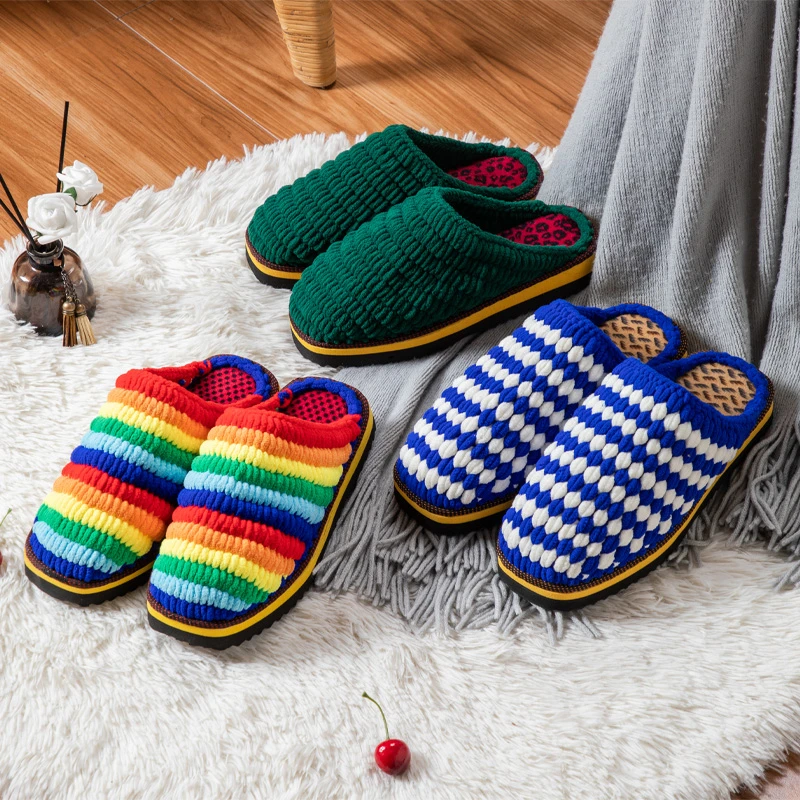 手工编织毛线加厚保暖粗绒线拖鞋 防滑耐磨 男女大码成品拖鞋冬