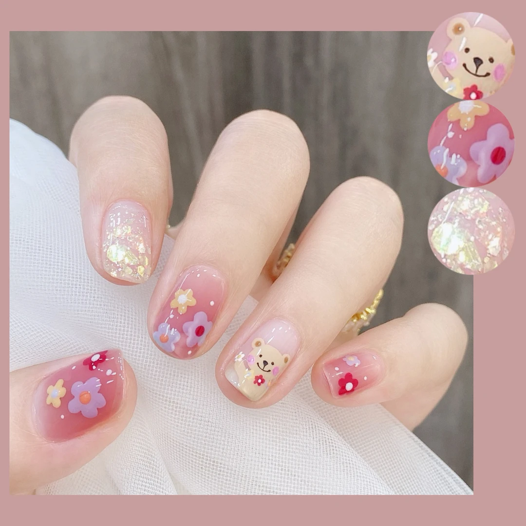 【免照灯】 【花朵小熊】 凝胶美甲贴指纸甲油膜女防水穿戴甲夏日流行