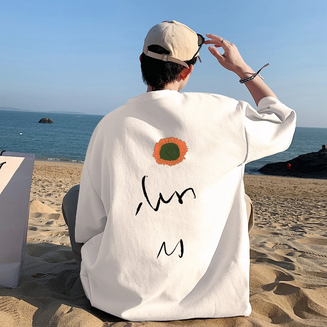 短袖t恤男士夏季潮流情侣装百搭向日葵印花港风宽松大码五分半袖