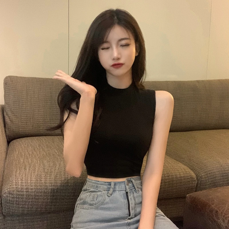 黑色运动工字吊带背心女夏外穿内搭短款修身棉半高领无袖t恤上衣