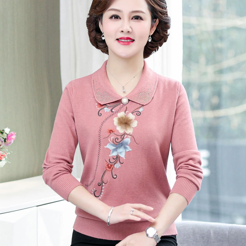 妈妈春季长袖翻领上衣洋气针织打底衫50岁中老年人女秋装宽松毛衣