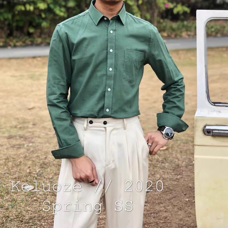 夏季复古休闲男士长袖棉麻料衬衫韩版日系原宿简约修身长袖衬衣潮