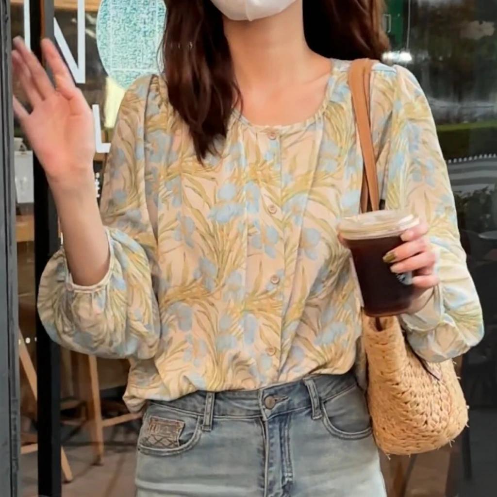 【现货】法式时尚复古灯笼袖碎花防晒衬衫女夏慵懒风宽松长袖上衣