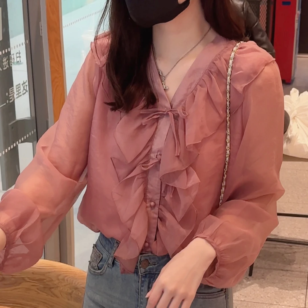 【大脸哈】气质荷叶领衬衫女夏季新款设计感衬衣百搭长袖宽松上衣