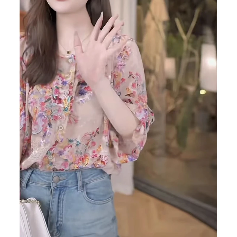 【大脸哈】[现货]法式设计感小众碎花衬衫女长袖2025新款减龄上衣