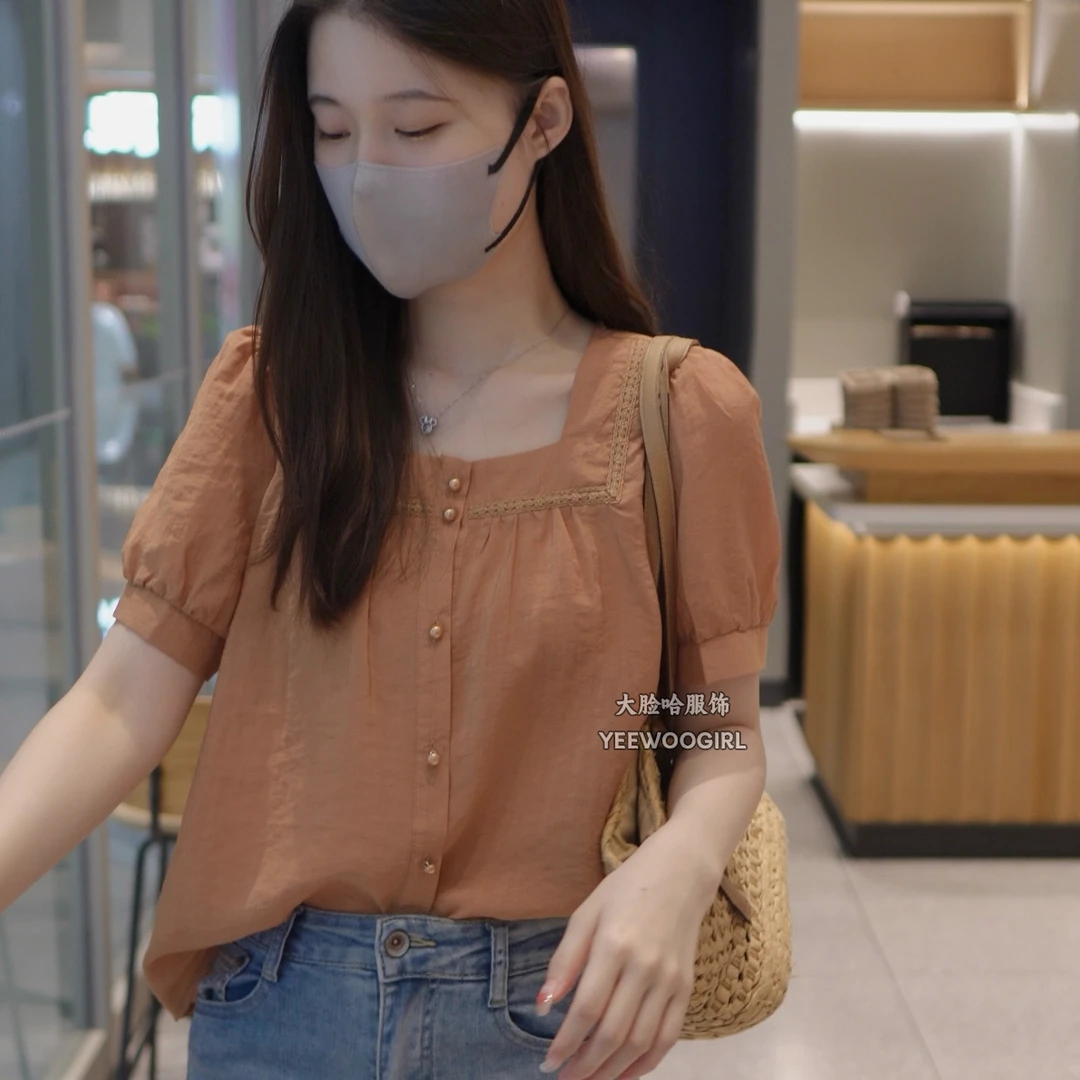 【大脸哈】[现货]气质短袖衬衫女2025夏季新款设刺绣蕾丝边小衫