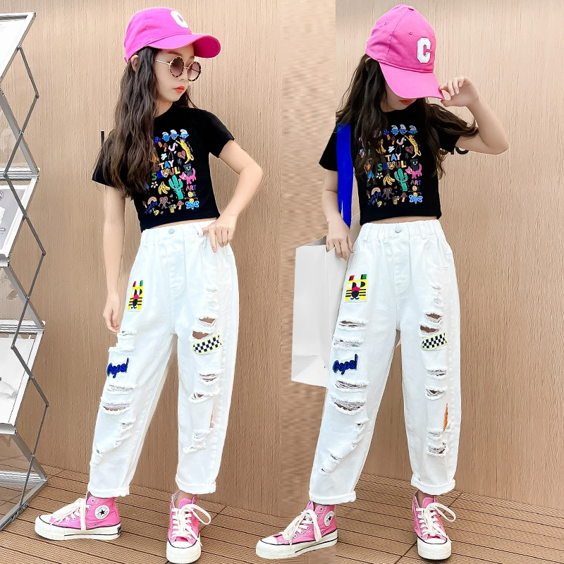 女童夏装运动套装2024新款洋气时尚网红破洞牛仔裤夏季t恤短袖潮
