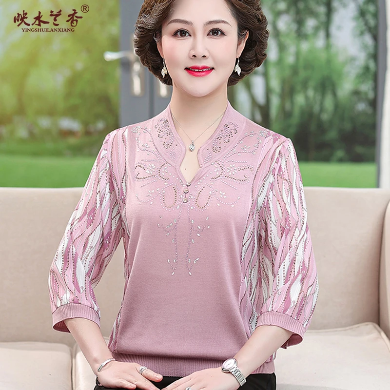 新款妈妈春装七分袖洋气T恤中老年女40岁50夏季薄款宽松纱袖小衫