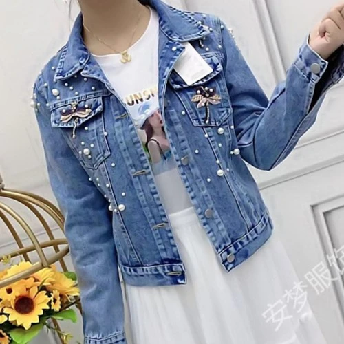 牛仔外套女款时尚修身显瘦百搭重工蜻蜓长袖短款蓝色潮流外搭上衣