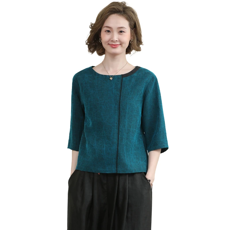 DQ22069龟裂纹真丝香云纱短袖t恤女2025年新款圆领夏款新品上衣