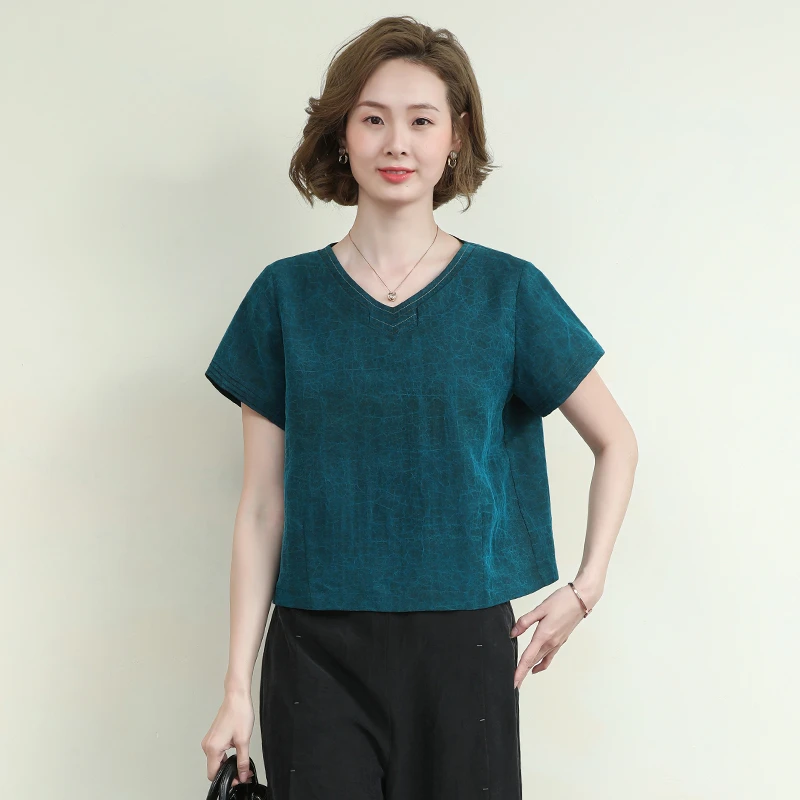 DQ22064真丝香云纱短袖t恤女2025年新款ins潮短款V领上衣高级感夏