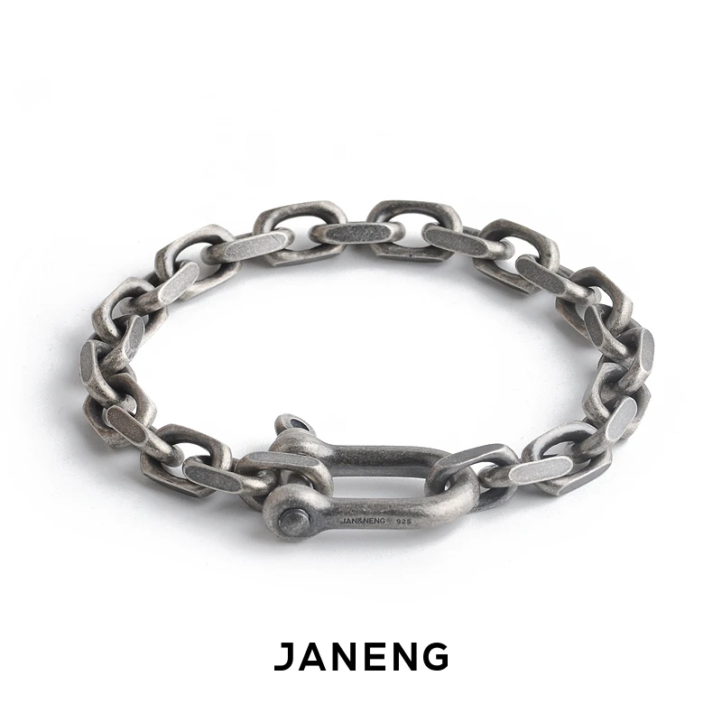 追岸/JANENG 925银手链 U型马蹄扣手链哑光造旧暗黑工业风格男士