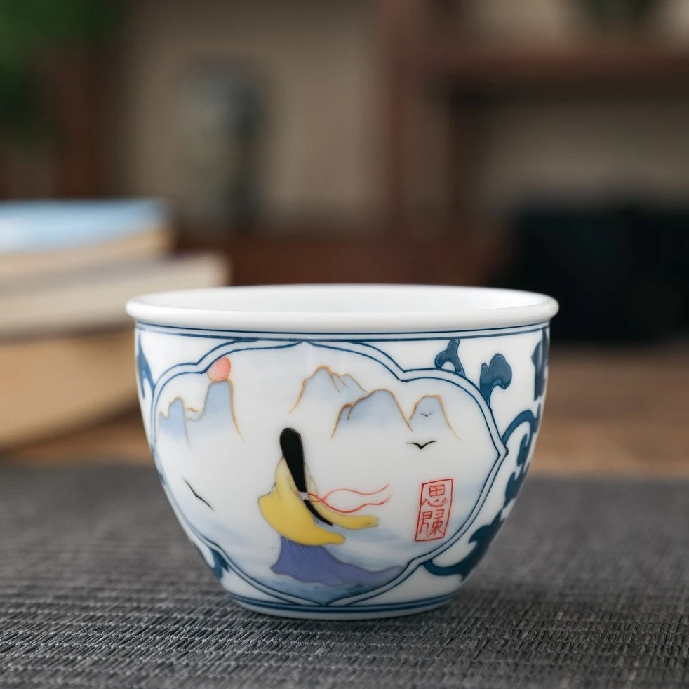 官润窑 陶瓷手绘主人杯品茗杯功夫茶杯釉下彩双面开窗美女图缸杯