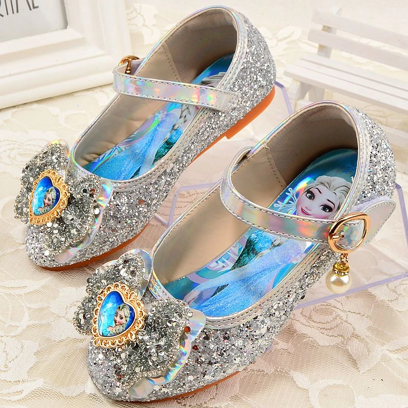 女童爱莎鞋公主鞋闪亮宝宝小皮鞋软底冰雪奇缘银色女孩水晶平底鞋