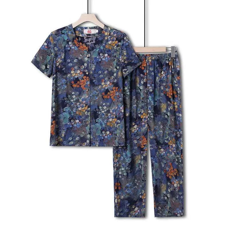 奶奶装夏装短袖开衫套装有口袋中老年妈妈装大码60-80岁老人衣服