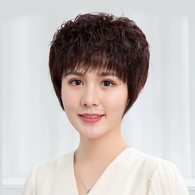 假发套女短发妈妈全头套中老年真人发丝女士发套舒适修脸蓬松舒适