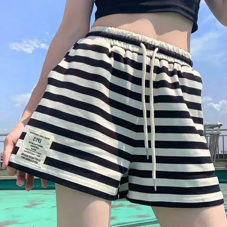 红色条纹休闲短裤女2022年夏季新款松紧腰抽绳宽松贴标A字阔腿裤