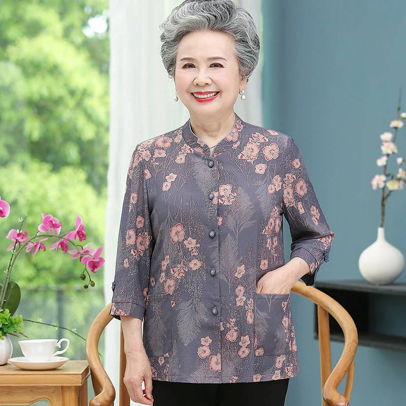 中老年女装夏装上衣女洋气奶奶衬衫妈妈薄款立领唐装衬衣老人衣服