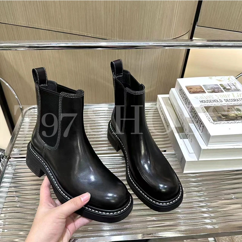 -2023秋冬新款英伦风时尚百搭圆头粗跟增高通勤套筒切尔西0357