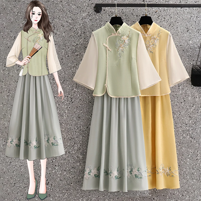 中式旗袍大码女装胖mm遮肉复古民族风文艺改良减龄显瘦刺绣裙套装