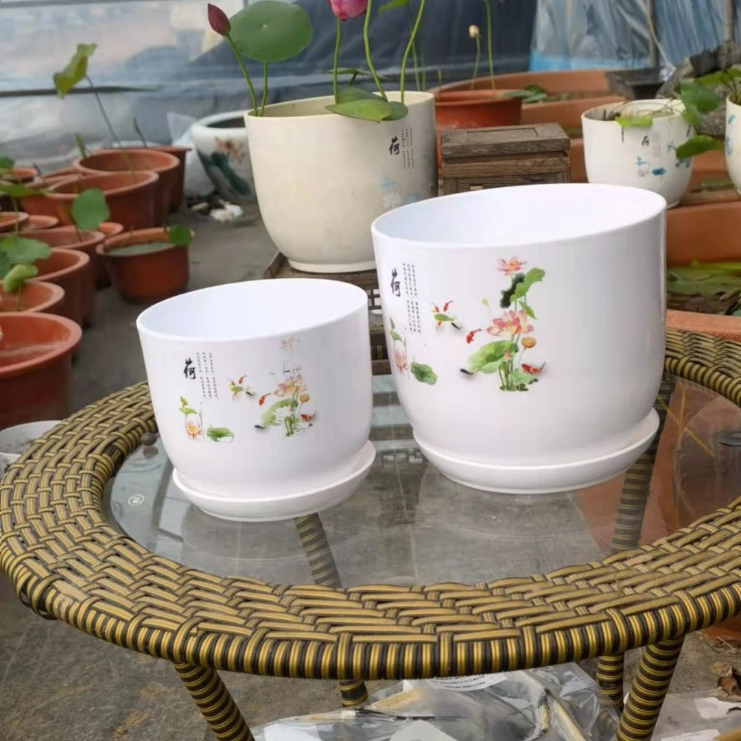 仿陶瓷树脂加厚无孔睡莲荷花盆 加厚水培碗莲中国风塑料花盆