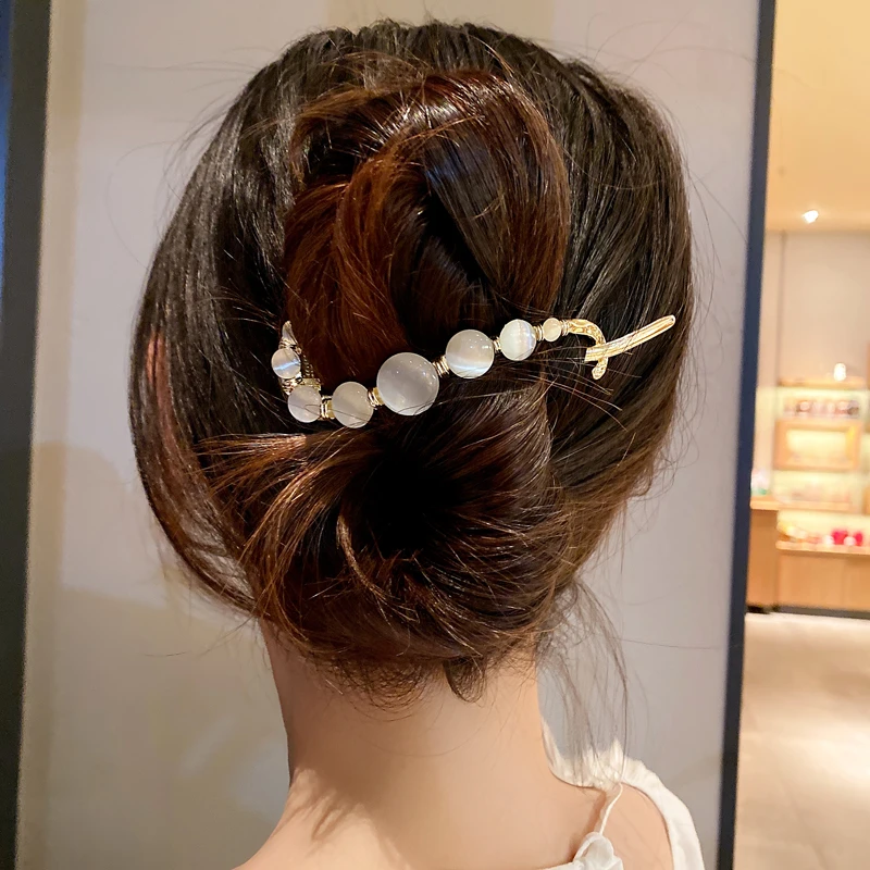 思朵 铜合金合成锆石发饰 高级感猫眼石一字夹气质后脑勺盘发夹子